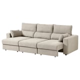 Un sofá ESKILSTUNA en beige, cun respaldo alto, repousacabezas axustables e unha chaise lounge.