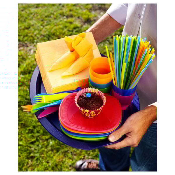 Unha persoa que leva unha bandexa con pratos de cores, cuncas, garfos, un muffin e servilletas amarelas para un picnic.