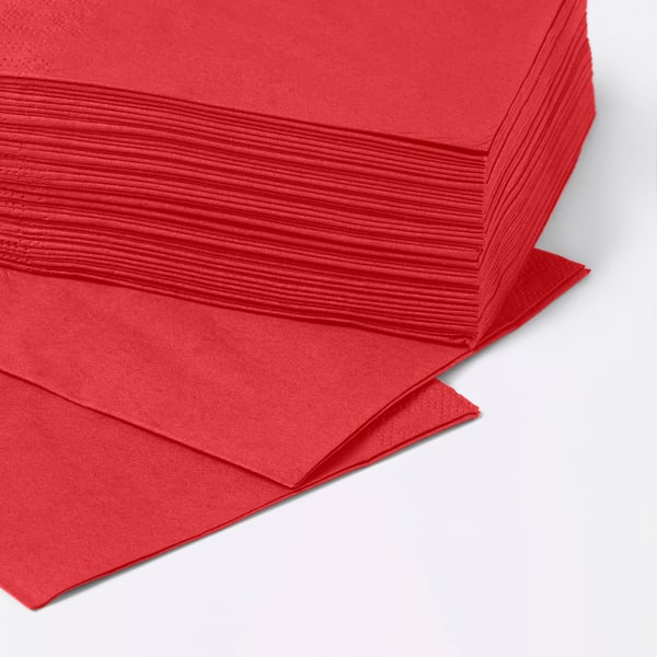Pila de servilletas de papel vermellas brillantes, grosas, ordenadamente organizadas.