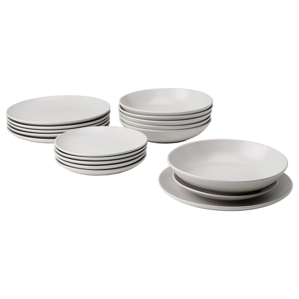 Conxunto FÄRGKLAR: 12 pratos e cuncas brancas. Deseño sinxelo e moderno. Gres mate, formas redondas. Ideal para comidas variadas.