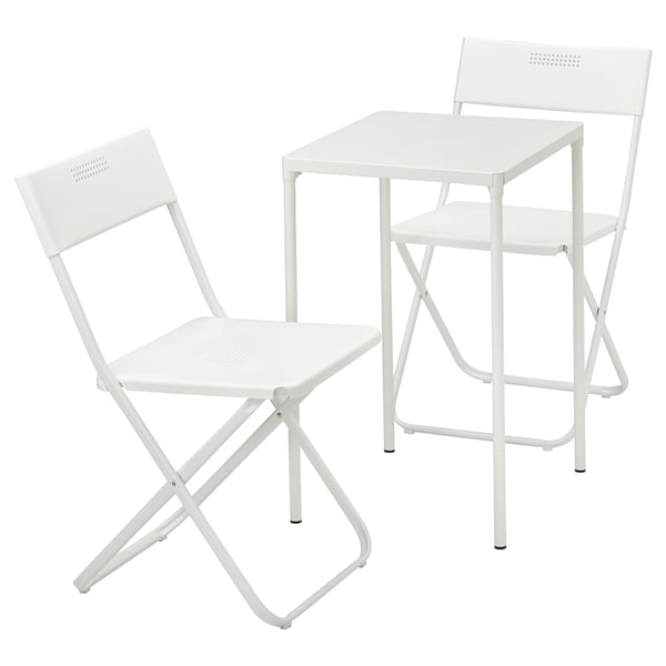 Conxunto de cadeira e mesa plegable branco ao aire libre, aceiro galvanizado e plástico, minimalista.