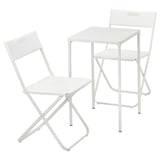 Conxunto de cadeira e mesa plegable branco ao aire libre, aceiro galvanizado e plástico, minimalista.
