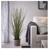 Sala de estar moderna con planta verde, sofá branco, manta gris, cortina negra.