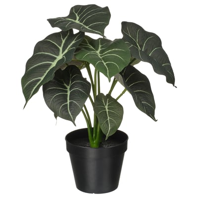 Planta artificial FEJKA en vaso negro con grandes follas verdes. Ecolóxico, feito de plásticos reciclados, vibrante e de baixo mantemento.