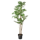 Árbore artificial FEJKA, verde, en recipiente negro, follas realistas, deseño alto e delgado.