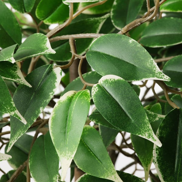 Planta artificial realista con follas verdes vibrantes, texturas detalladas e talos realistas.