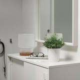 Baño moderno con planta FEJKA, lámpada e xornal.