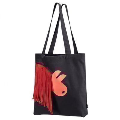 Bolsa de tote negra con deseño de cabalo con franxas vermellas, material de algodón.