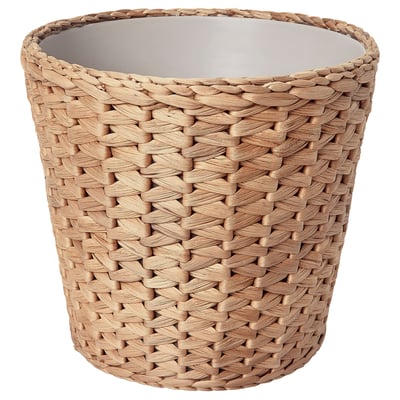 Cesta cilíndrica tecida a man, beige natural, hiacinto de auga, deseño de rede intrincado, forro interior.