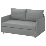Sofá cama gris FRIDHULT, deseño minimalista en tecido e madeira reciclados, ideal para espazos pequenos.