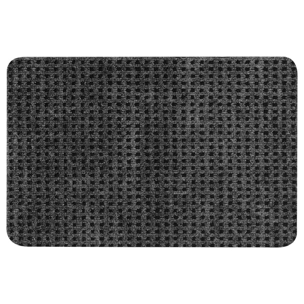 Alfombra rectangular gris con patrón de cheques, material de poliéster reciclado, esquinas suaves redondeadas.