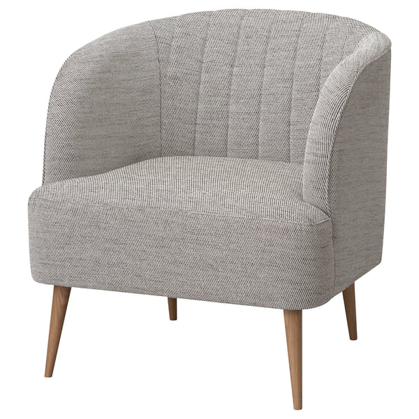 Cadeira de brazos FULLÖSA, gris, pernas de madeira, forma de barril, cómoda, de costas tufted.