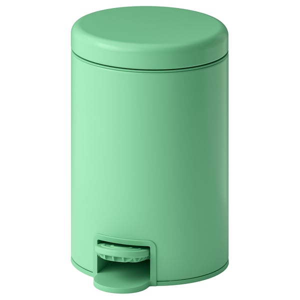 Papeleira metálica verde GANSJÖN con pedal de pé, superficie lisa, forma cilíndrica.
