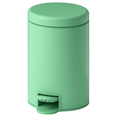 Papeleira metálica verde GANSJÖN con pedal de pé, superficie lisa, forma cilíndrica.
