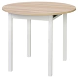 Representa unha mesa de comedor de madeira redonda e extensible con patas brancas. Está deseñado para 2-4 persoas e ten unha parte superior lisa, de cor clara.