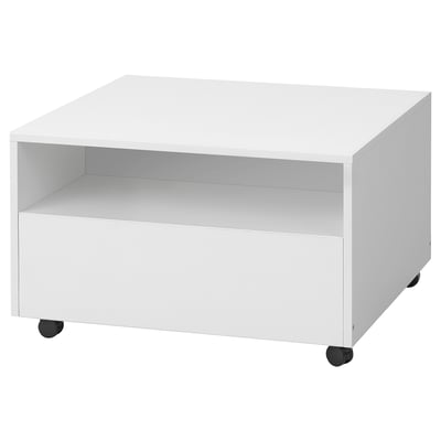 Mesa de café branca cadrada con rodas. Estante aberto. Deseño minimalista moderno.