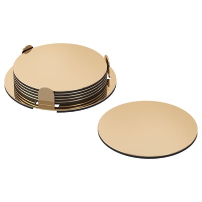 Coasters metálicos de ouro GLATTIS, redondos, seis en soporte, un separado, aceiro inoxidable e plástico eva.