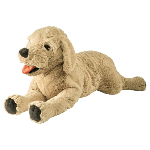 Xoguete para cans de peluche dourado, beige con manchas marróns, suave e deitado.