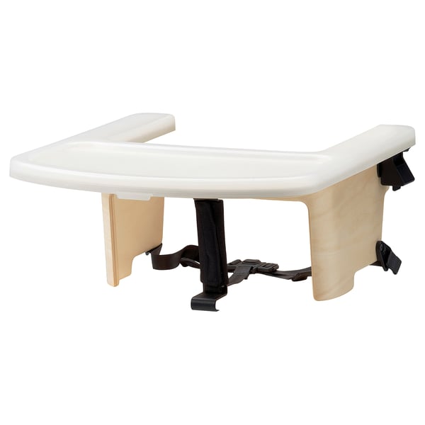 Bandexa de cadeira alta branca con plástico beige, cinto negro para a seguridade dos nenos.