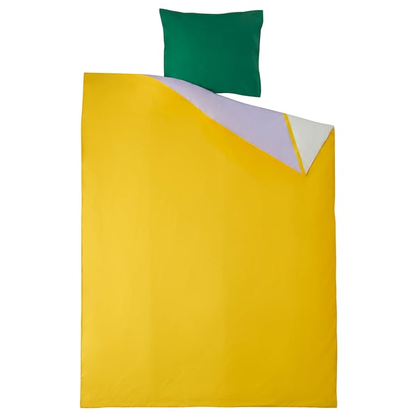 Saba amarela con almofada verde, rectangular, deseño sinxelo, 100% algodón.