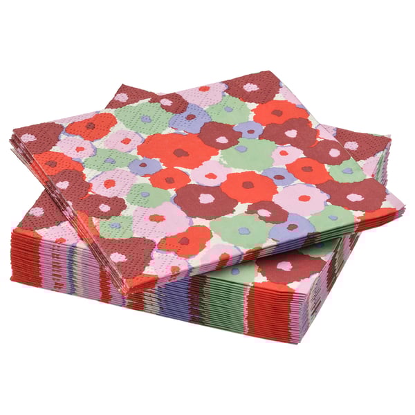 Pila de coloridas servilletas de papel GROPLÖJA con patróns florais en tons vermellos, rosas, verdes e púrpuras; cadrado e tres capas.