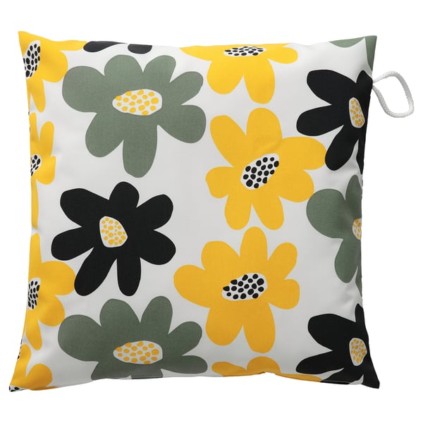 Almofada GULLBERGSÖ, flores coloridas sobre branco, cadrada con bucle, 100% poliéster reciclado.