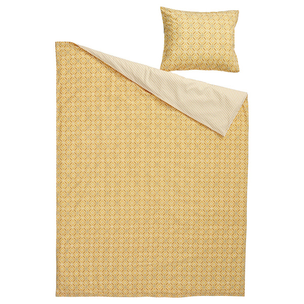 Conxunto de duvetes HAMNSENAP, amarelo, estampado xeométrico, reverso raiado, suave mestura de algodón.