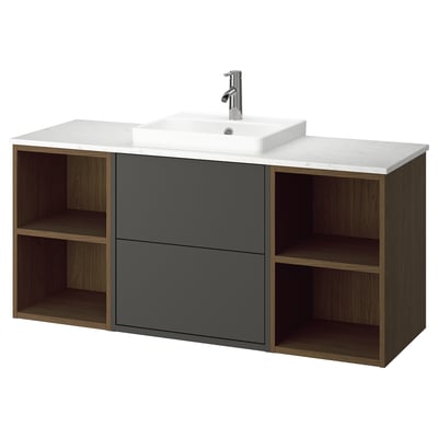 Havbaeck, unidade de baño gris escuro con almacenamento aberto e pechado, parte superior de mármore, lavabo branco.
