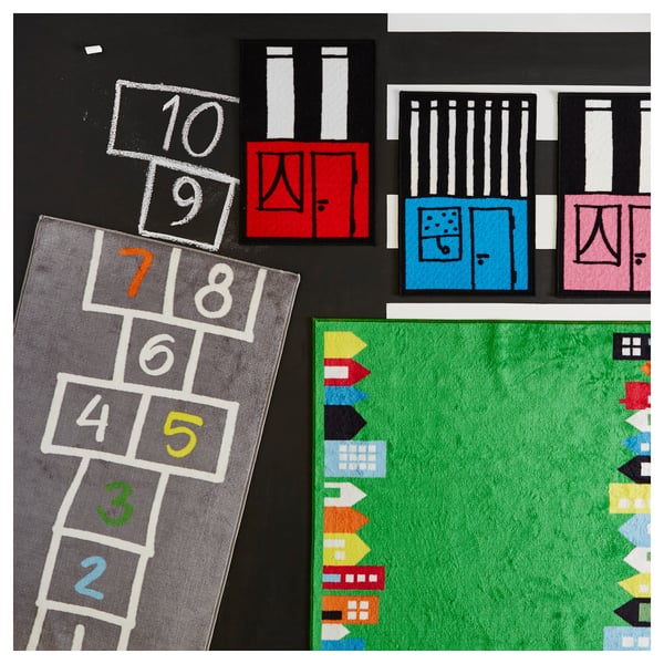Alfombra de xogo infantil - HEMMAHOS: colorido hopscotch, nylon gris con respaldo de goma