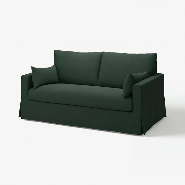 Sofá verde escuro, deseño elegante, tecido acolchado, axuste neutro.