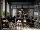 Oficina moderna con mesas, cadeiras e decoración negras e grises IDÅSEN; Luz natural, verde e iluminación elegante.