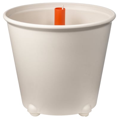 Plantadora branca IKEA PS FEJÖ autoregable con inserto laranxa.