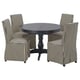 Mesa de comedor redonda negra con catro cadeiras de raias, deseño moderno, ideal para pequenos espazos.