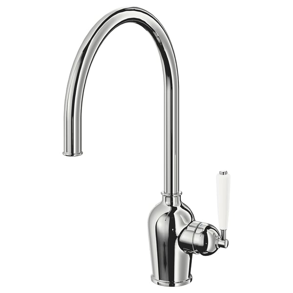 Billa cromado INSJÖN, elegante boca curva, mango branco, corpo de latón resistente.