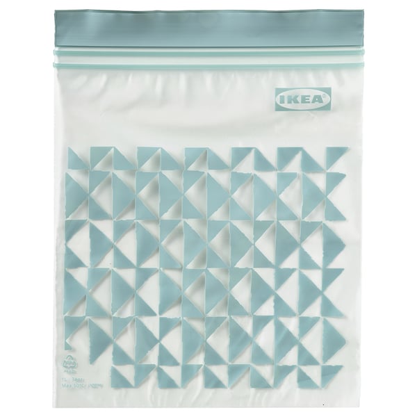 Bolsa Ikea ISTAD, azul claro, transparente, plástico reutilizable con selo zip, con patróns xeométricos.