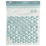 Bolsa Ikea ISTAD, azul claro, transparente, plástico reutilizable con selo zip, con patróns xeométricos.