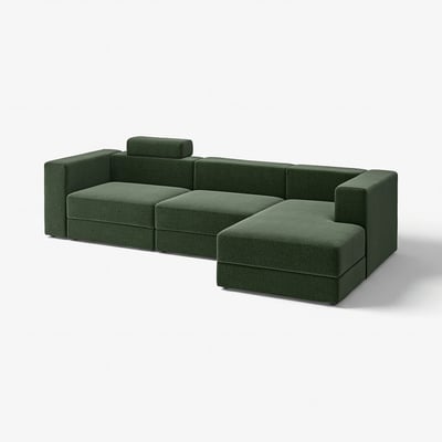 Sofá modular verde escuro, deseño moderno, tecido suave, forma rectangular, personalizable.