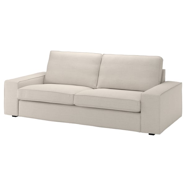 Un sofá KIVIK, cunha cor beige clara, estilo sinxelo, forma rectangular e tapizado con tecido de la.