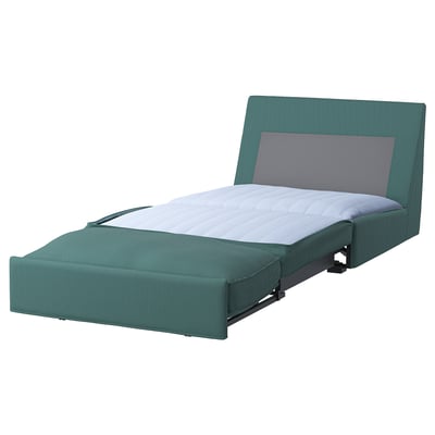 Sofá-cama KIVIK verde azul, deseño moderno, forma curva, tecido raiado.