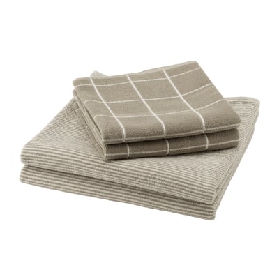Pila dobrada de toallas KLASESPIA beige, tons claros e escuros, 100% algodón, patrón de grella branca.