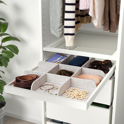 KOMPLEMENT organizador extraíble branco, divisores de feltro gris, 3 seccións para o almacenamento.