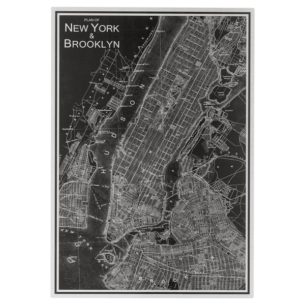 Impresión artística KOPPARFALL, mapa de Nova York e Brooklyn sobre marco metálico en branco e negro, efecto similar a 3D.