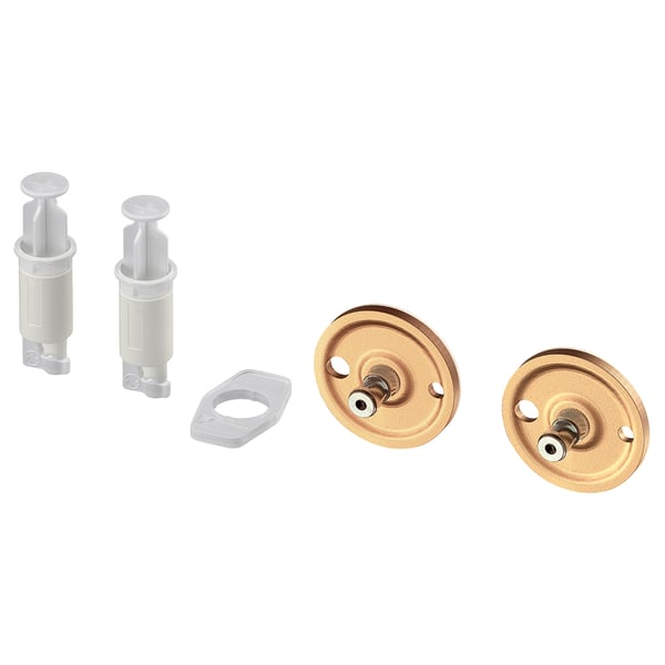 Dous adaptadores de bronce con parafusos e dúas pezas adhesivas brancas.