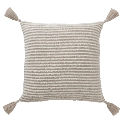 Almofada KRYPLJUNG, cubertas de raias naturais, material brando, forma cadrada, con borras.