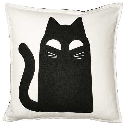 Coxín de gato negro KUSTFYR, cadrado, algodón branco, deseño sinxelo de gato.