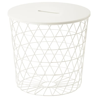 Mesa de almacenamento branca KVISTBRO, redonda con patrín de diamantes, metal lixeiro e taboleiro de fibra.