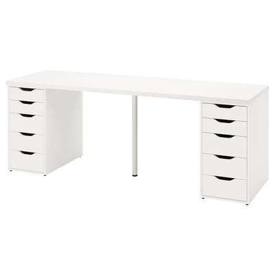 Representa un escritorio branco con dous caixóns a cada lado. Está feito de taboleiro de fibra, taboleiro de partículas e aceiro. O deseño é limpo e rectangular.