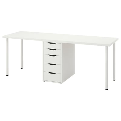 Escritorio LAGKAPTEN: branco, superior rectangular, 4 caixóns, pernas axustables, minimalista, amplo espazo de traballo
