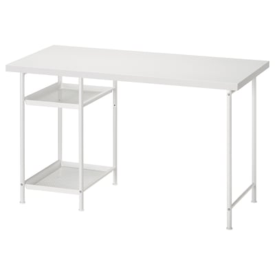 LAGKAPTEN: mesa metálica branca con estantes de malla, deseño rectangular e moderno minimalista para a eficiencia do espazo de traballo.