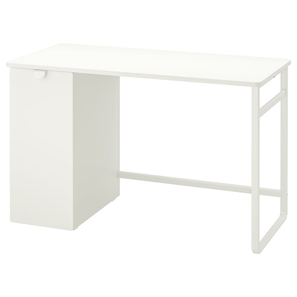 Escritorio branco LÄRANDE con almacenamento extraíble, moderno e robusto para nenos, de forma rectangular.